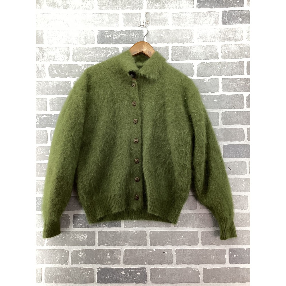 Venesha Vintage Olive Green Angora Blend Fuzzy Knit Button Front Cardigan Large